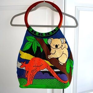 Vintage  Beaded‎  TOTE BAG Purse KOALA Bear KANGAROO HOOP Handle